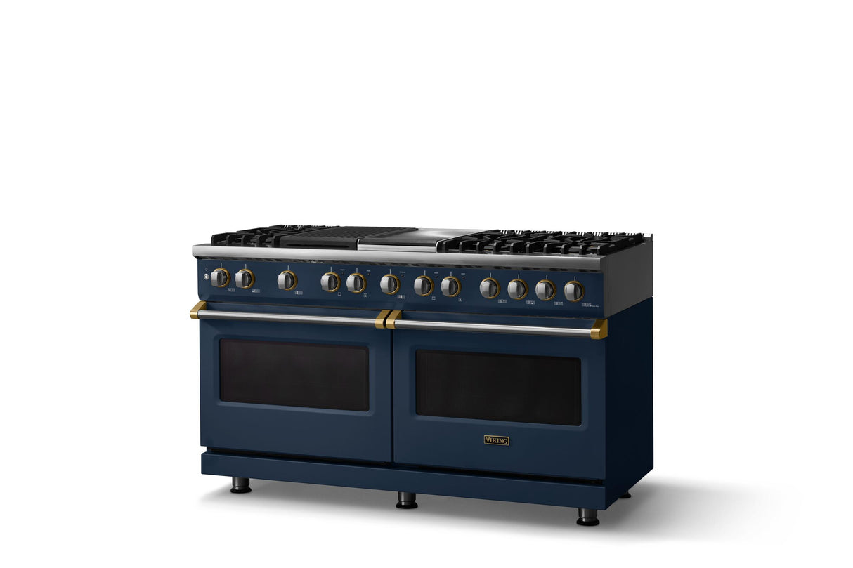 60"W.Dual Fuel Range (Finish: Slate Blue, Trim: Brushed Brass, Fuel: Natural Gas)