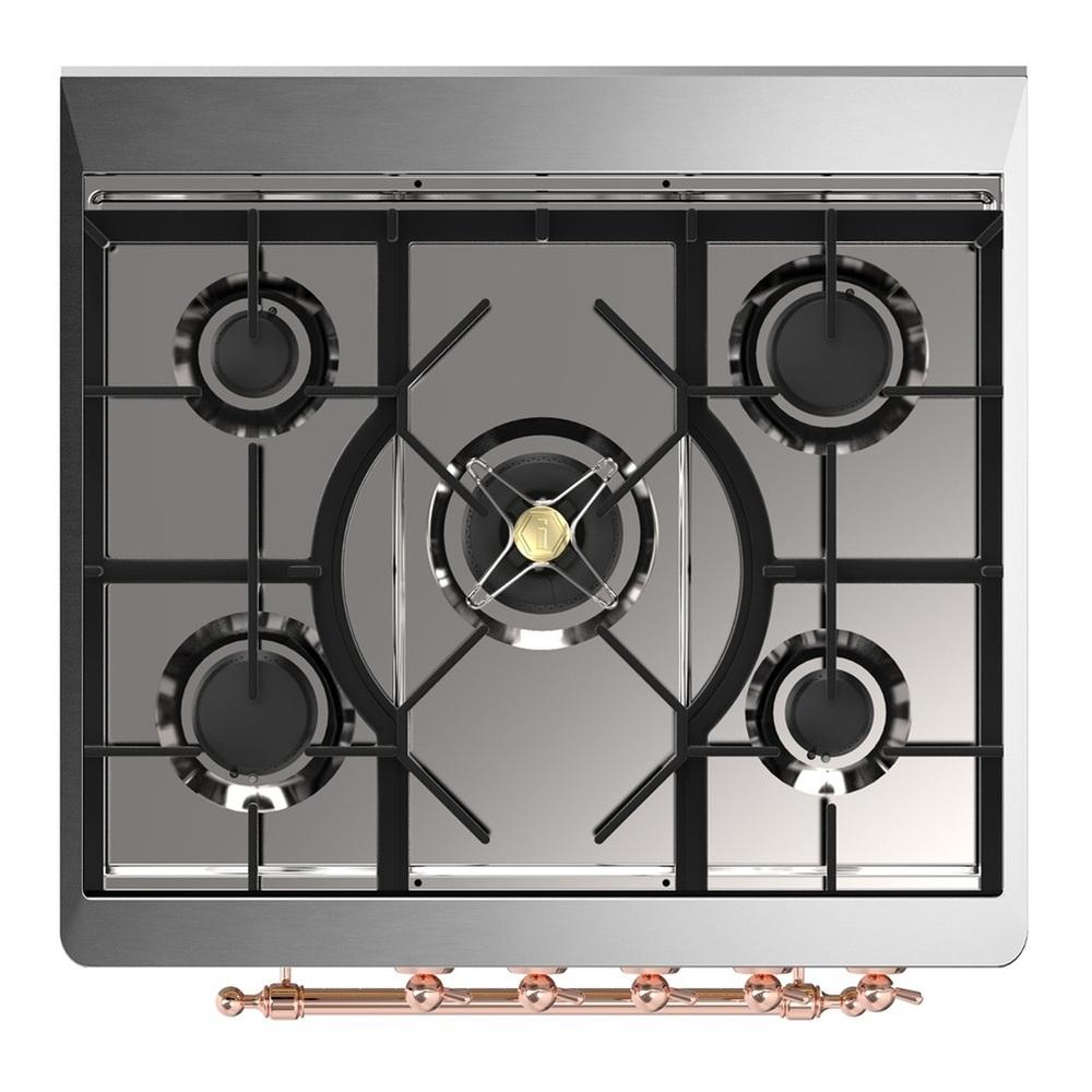 ILVE UM30NR3EGPLP Majestic III 30 inch Dual Fuel Range with 5 Black Brass Burners, Dual Function Burner up to 25,000 BTU (Liquid Propane, Triple Glass Door, Emerald Green, Copper)
