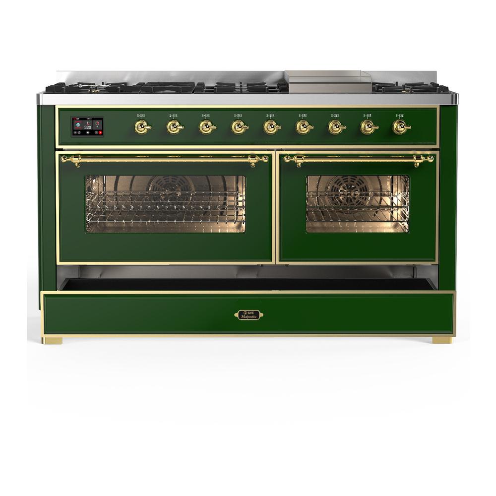 ILVE UM60FNR3EGG Majestic III 60 inch Dual Fuel Range with 9 Burners and Griddle, Dual Function Burner up to 25,000 BTU (Natural Gas, Triple Glass Door, Emerald Green, Brass)