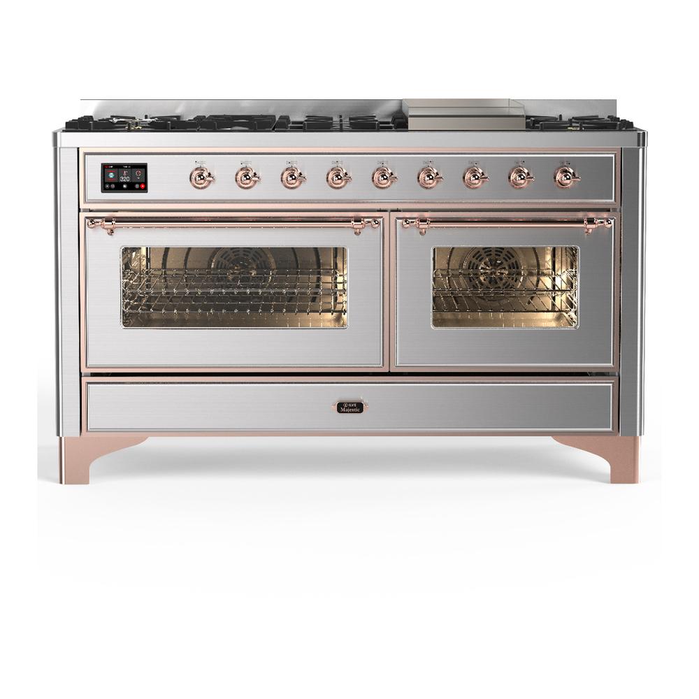 ILVE UM60FNR3SSP Majestic III 60 inch Dual Fuel Range with 9 Burners and Griddle, Dual Function Burner up to 25,000 BTU (Natural Gas, Triple Glass Door, Stainless Steel, Copper)