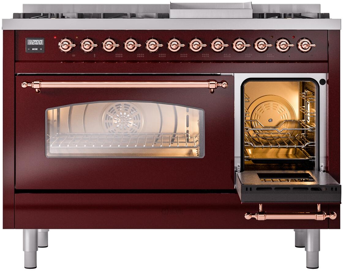 Nostalgie II 48 Inch Dual Fuel Liquid Propane Freestanding Range in Burgundy with Copper Trim
