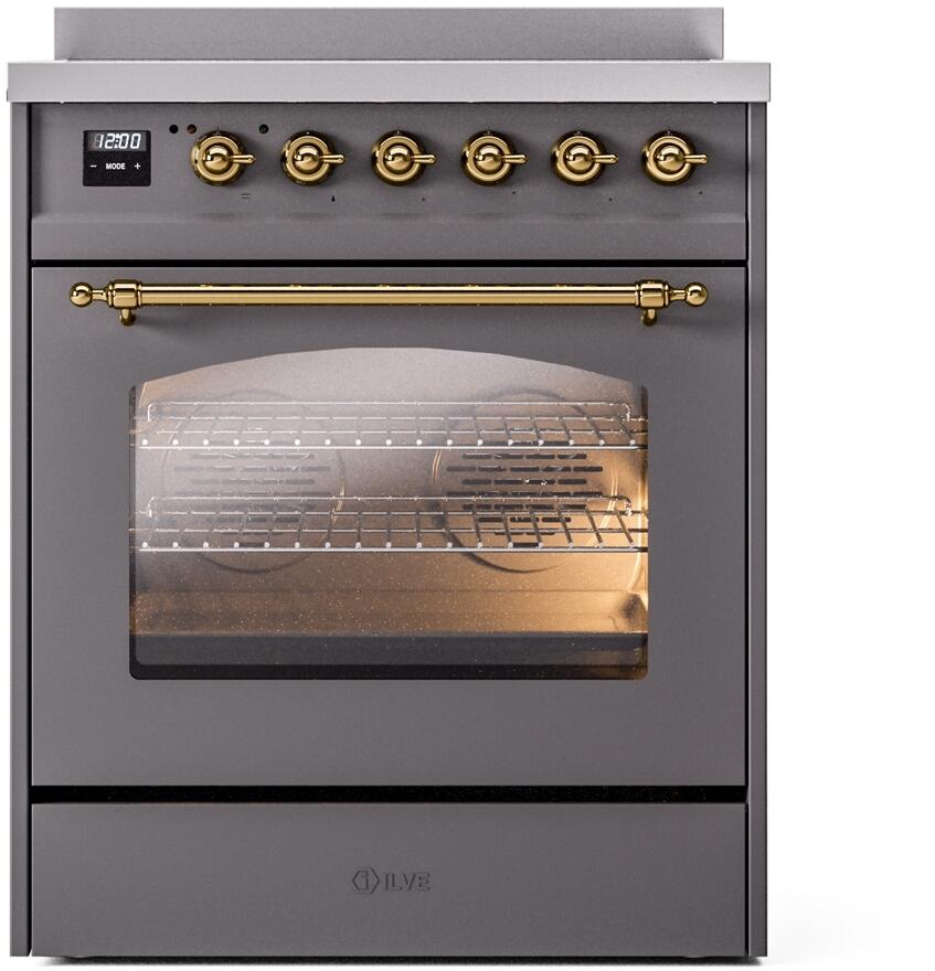 Nostalgie II 30 Inch Electric Freestanding Range in Matte Graphite with Brass Trim