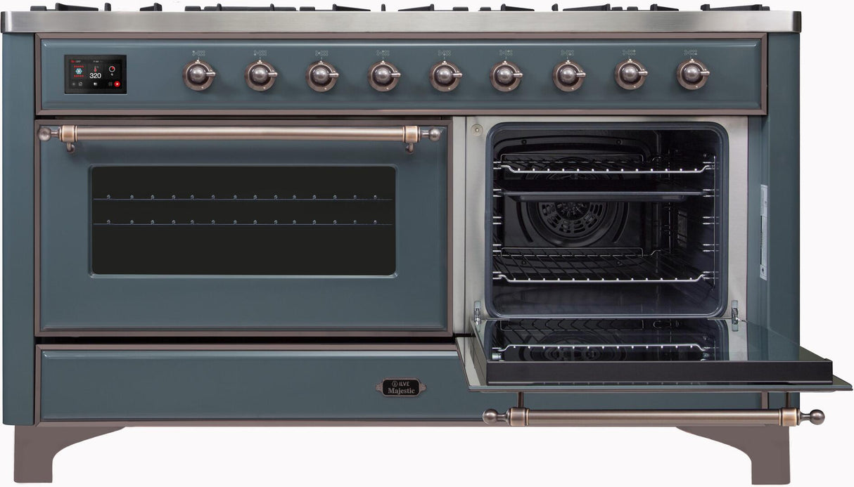 Majestic II 60 Inch Dual Fuel Natural Gas Freestanding Range in Blue Grey with Bronze Trim