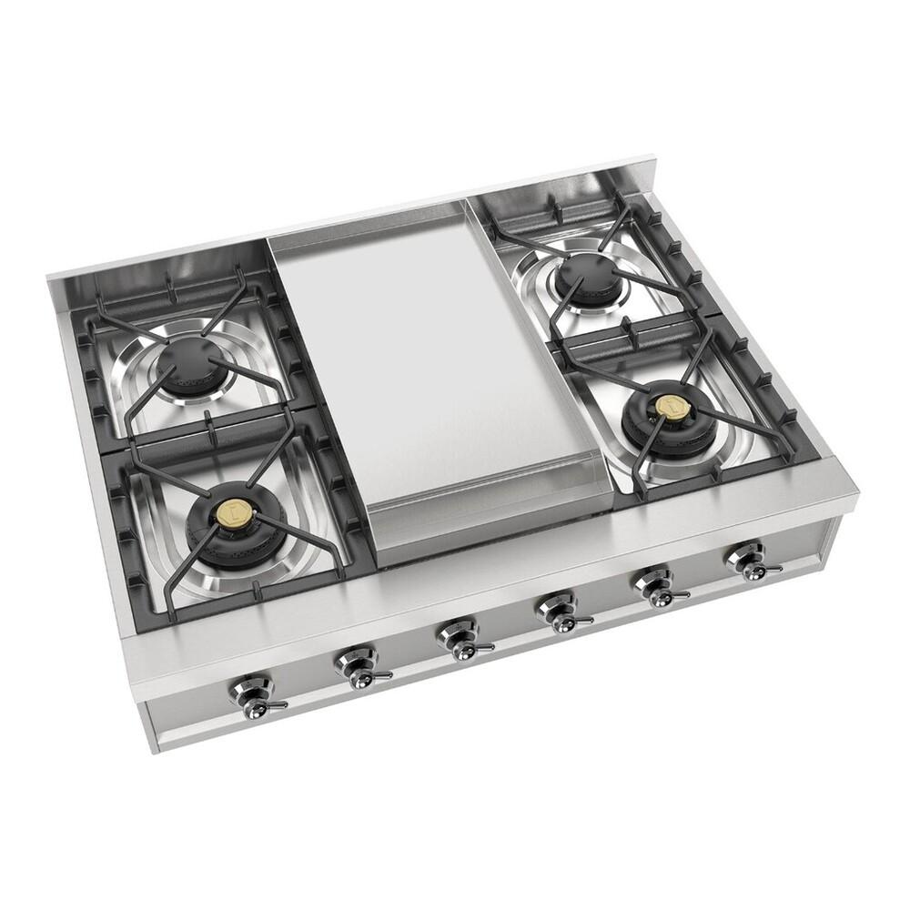 ILVE UHCP36FNSSC Nostalgie II 36 inch Built-In Gas Rangetop with 6 Burners and Griddle, in Stainless Steel (Natural Gas, Chrome)