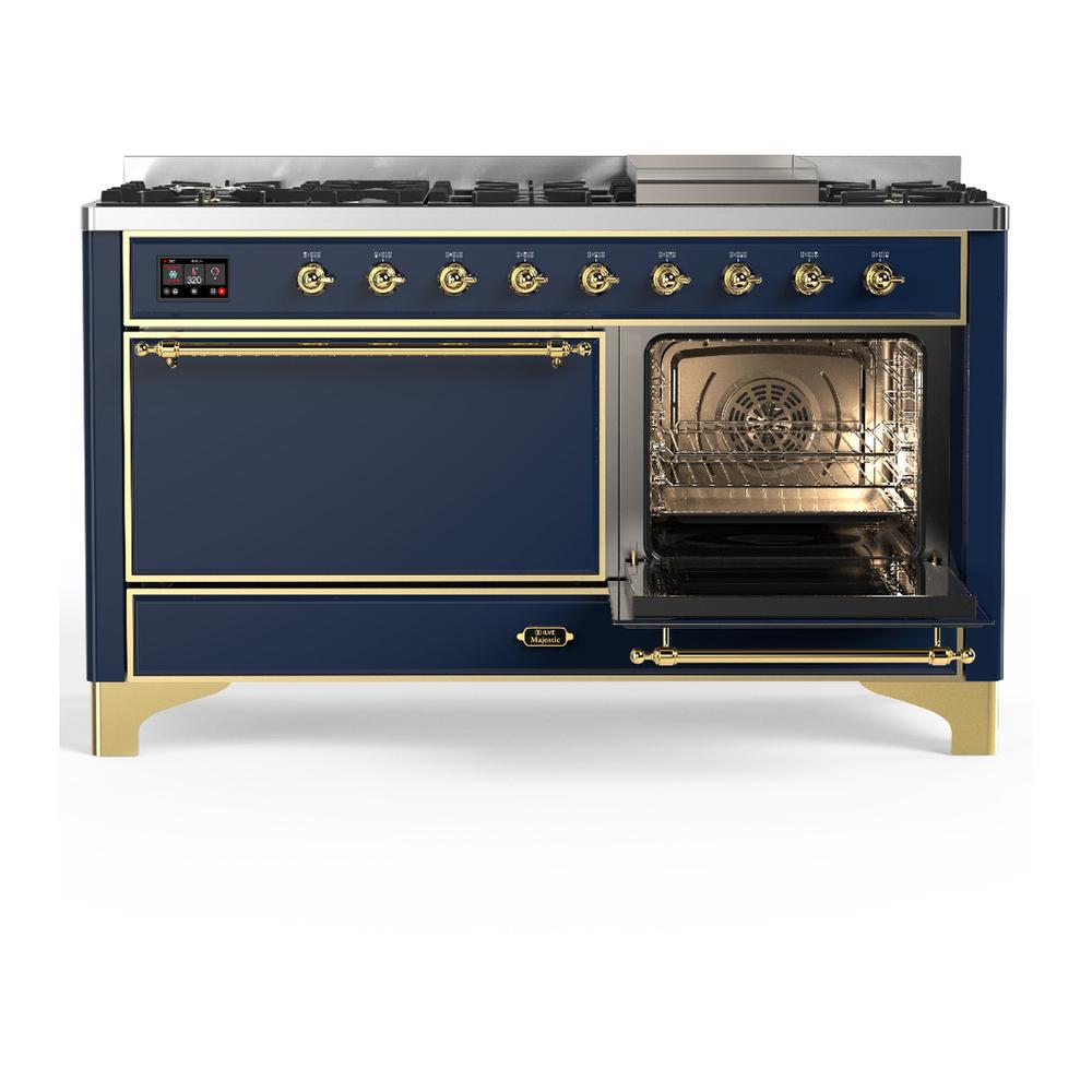 ILVE UM60FQNR3MBG Majestic III 60 inch Dual Fuel Range with 9 Burners and Griddle, Dual Function Burner up to 25,000 BTU (Natural Gas, Solid Door, Midnight Blue, Brass)
