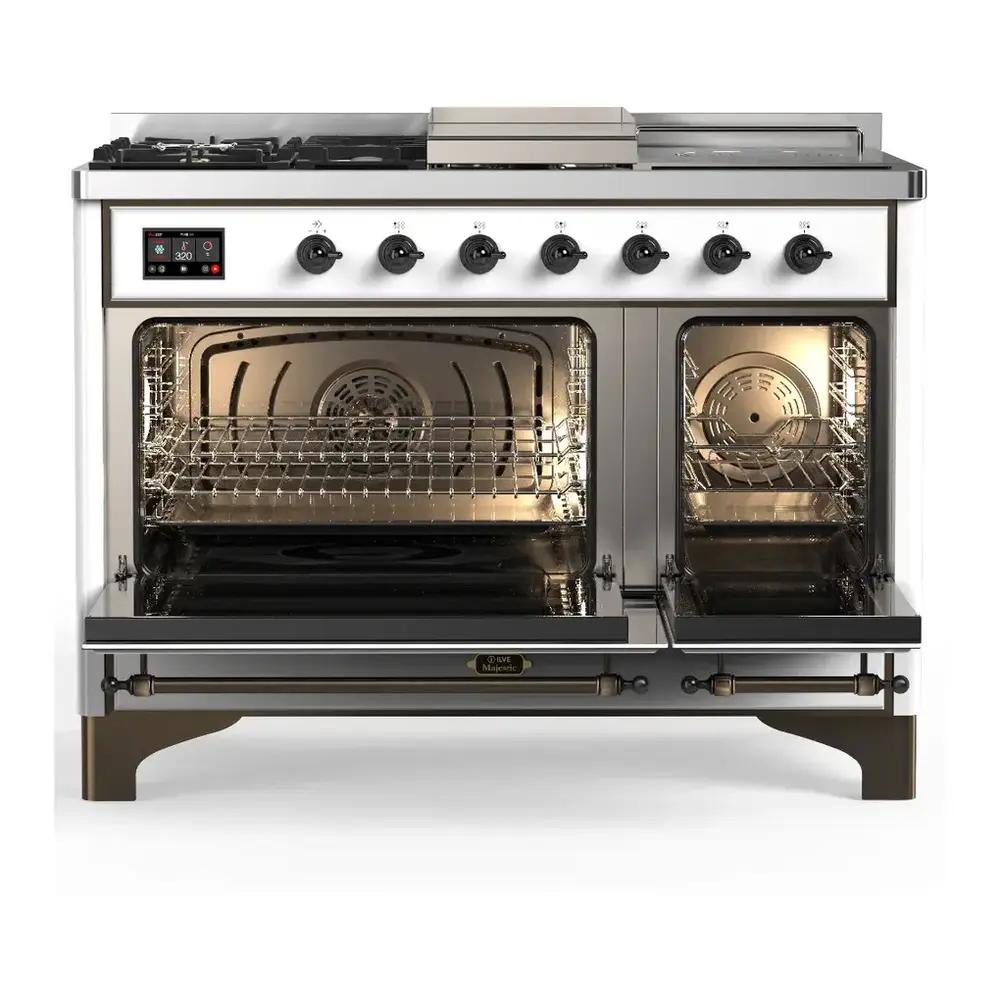 ILVE UM48FSNR3RABLP Majestic III 48 inch Dual Fuel Range with 5 Black Brass Burners, Griddle and French Top, Dual Function Burner up to 25,000 BTU (Liquid Propane, Triple Glass Door, RAL, Burnished)