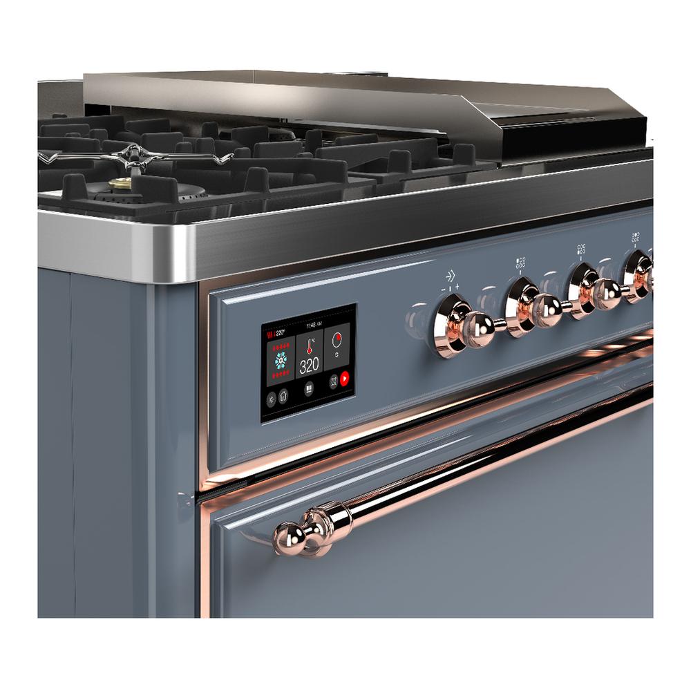 ILVE UM48FSQNR3BGP Majestic III 48 inch Dual Fuel Range with 5 Black Brass Burners, Griddle and French Top, Dual Function Burner up to 25,000 BTU (Natural Gas, Solid Door, Blue Grey, Copper)