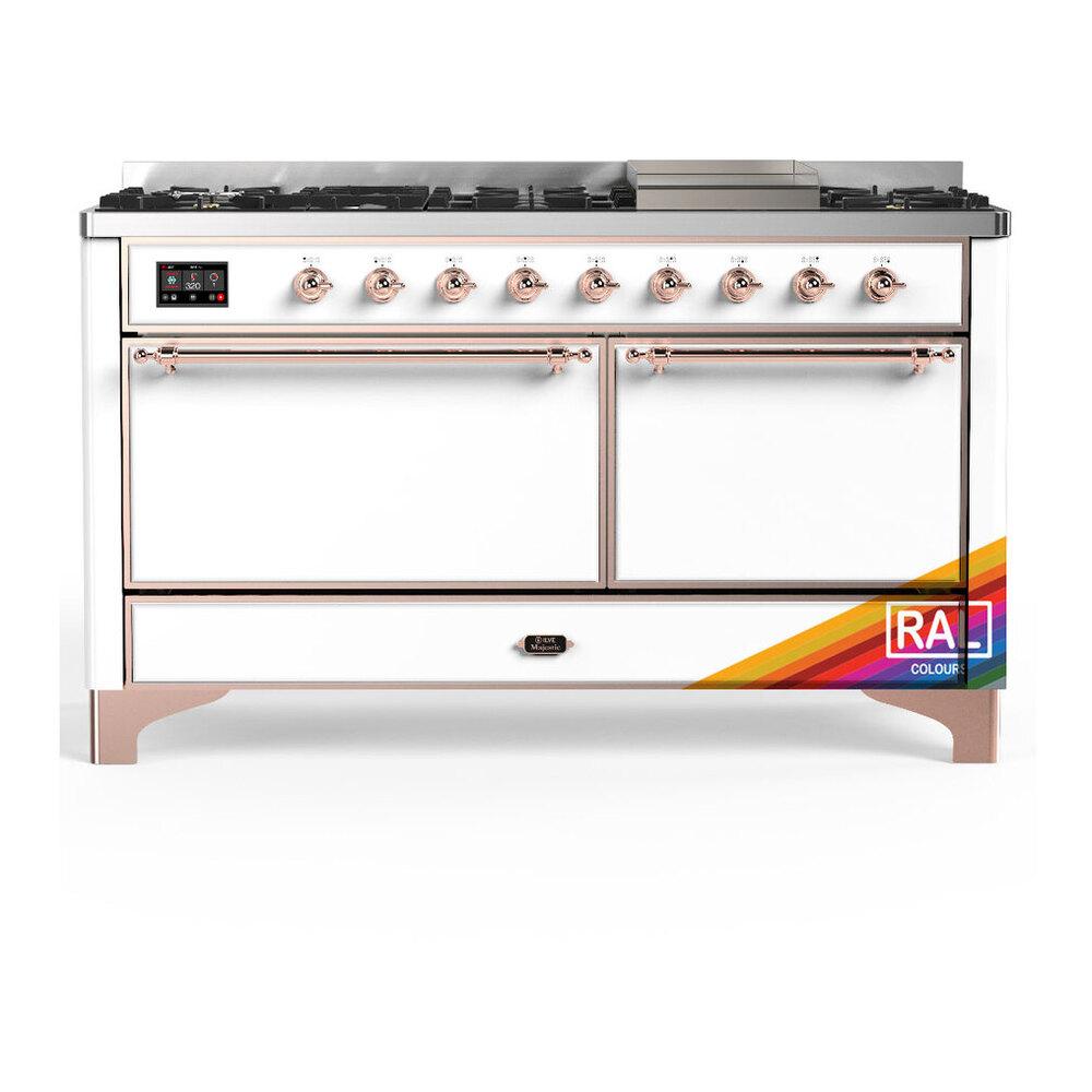 ILVE UM60FQNR3RAPLP Majestic III 60 inch Dual Fuel Range with 9 Burners and Griddle, Dual Function Burner up to 25,000 BTU (Liquid Propane, Solid Door, RAL, Copper)