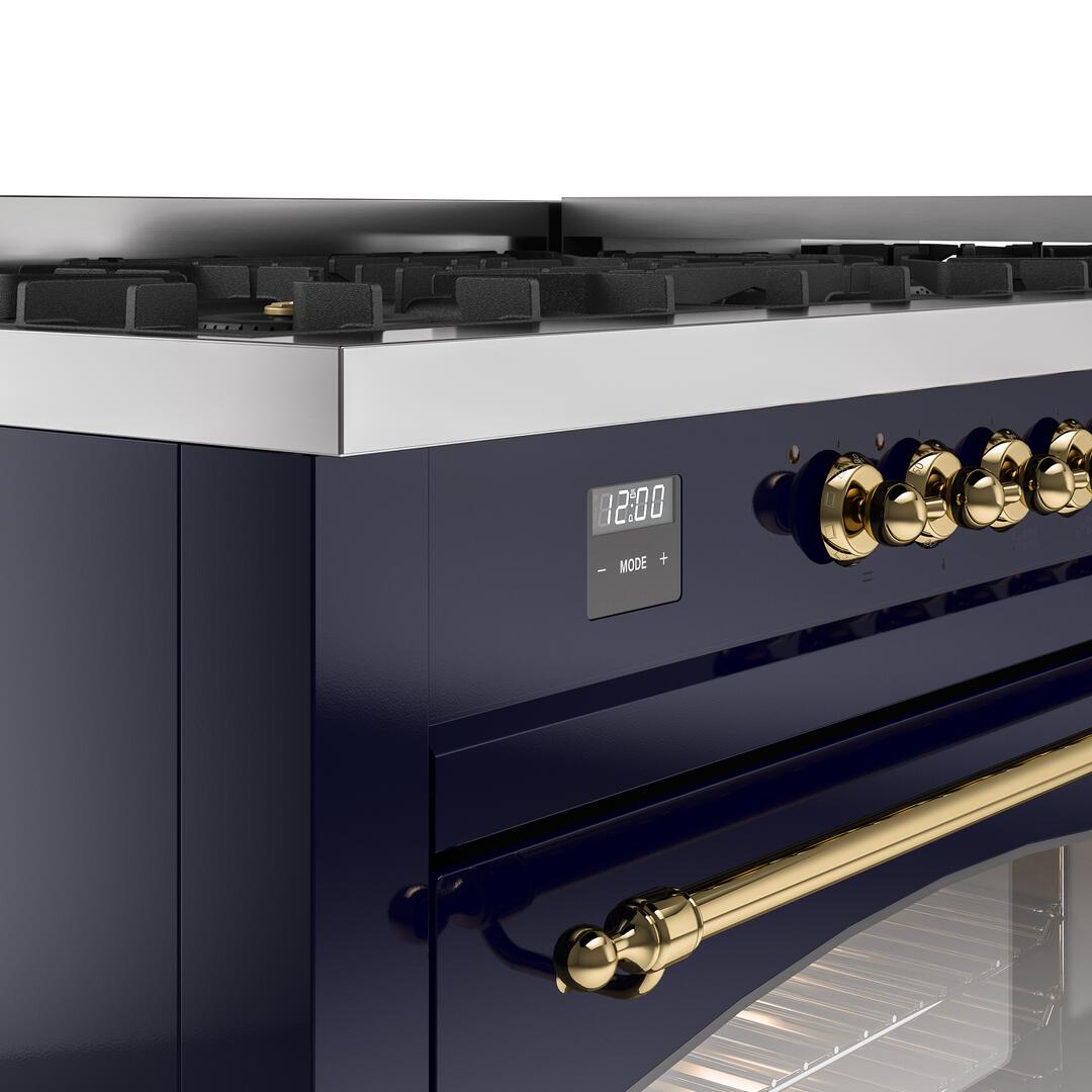 Nostalgie II 60 Inch Dual Fuel Natural Gas Freestanding Range in Blue with Brass Trim