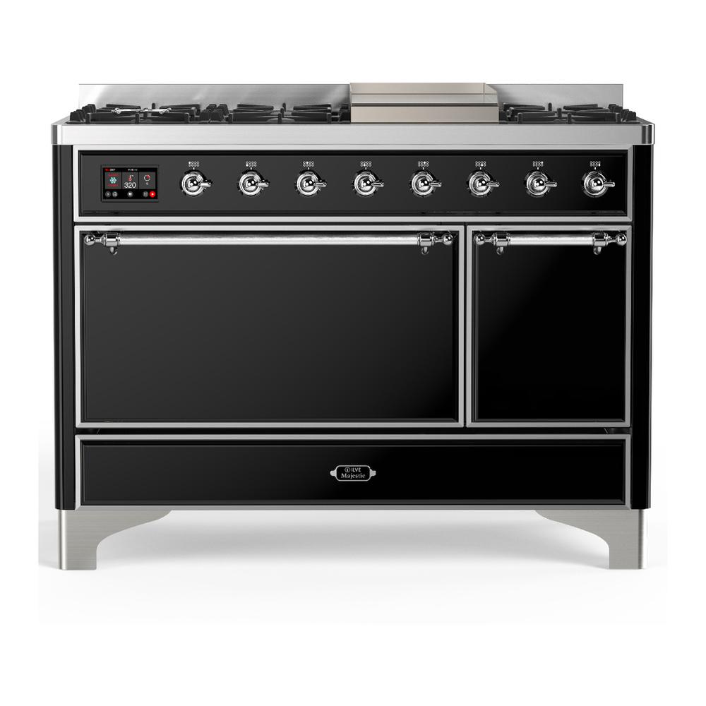 ILVE UM48FQNR3BKC Majestic III 48 inch Dual Fuel Range with 8 Burners and Griddle, Dual Function Burner up to 25,000 BTU (Natural Gas, Solid Door, Glossy Black, Chrome)