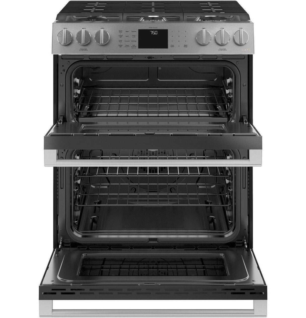 Café™ 30" Smart Slide-In, Front-Control, Gas Double-Oven Range with Convection in Platinum Glass