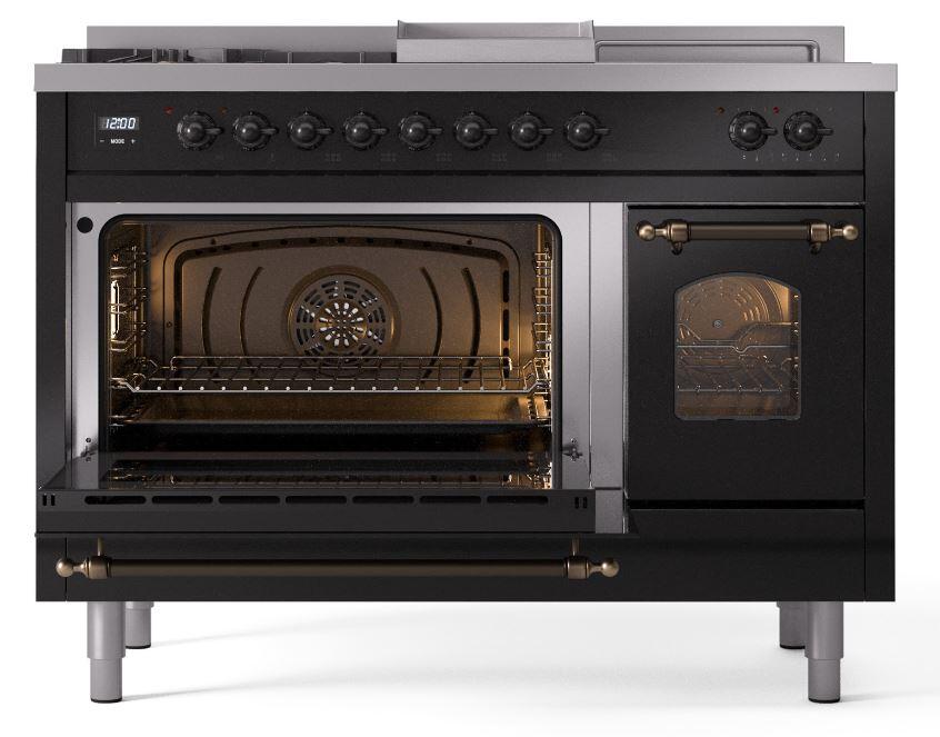 Nostalgie II 48 Inch Dual Fuel Liquid Propane Freestanding Range in Glossy Black with Bronze Trim