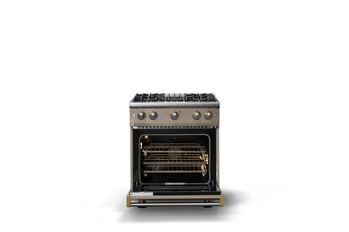 30"W. Sealed Burner Gas Range (Finish: Nantucket, Trim: Polished Chrome, Fuel: Propane)