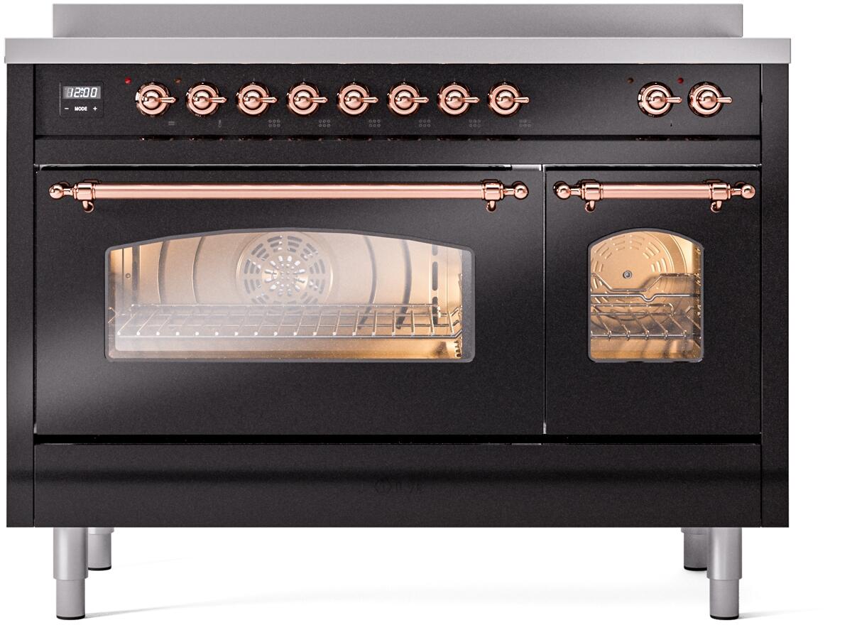 Nostalgie II 48 Inch Electric Freestanding Range in Glossy Black with Copper Trim