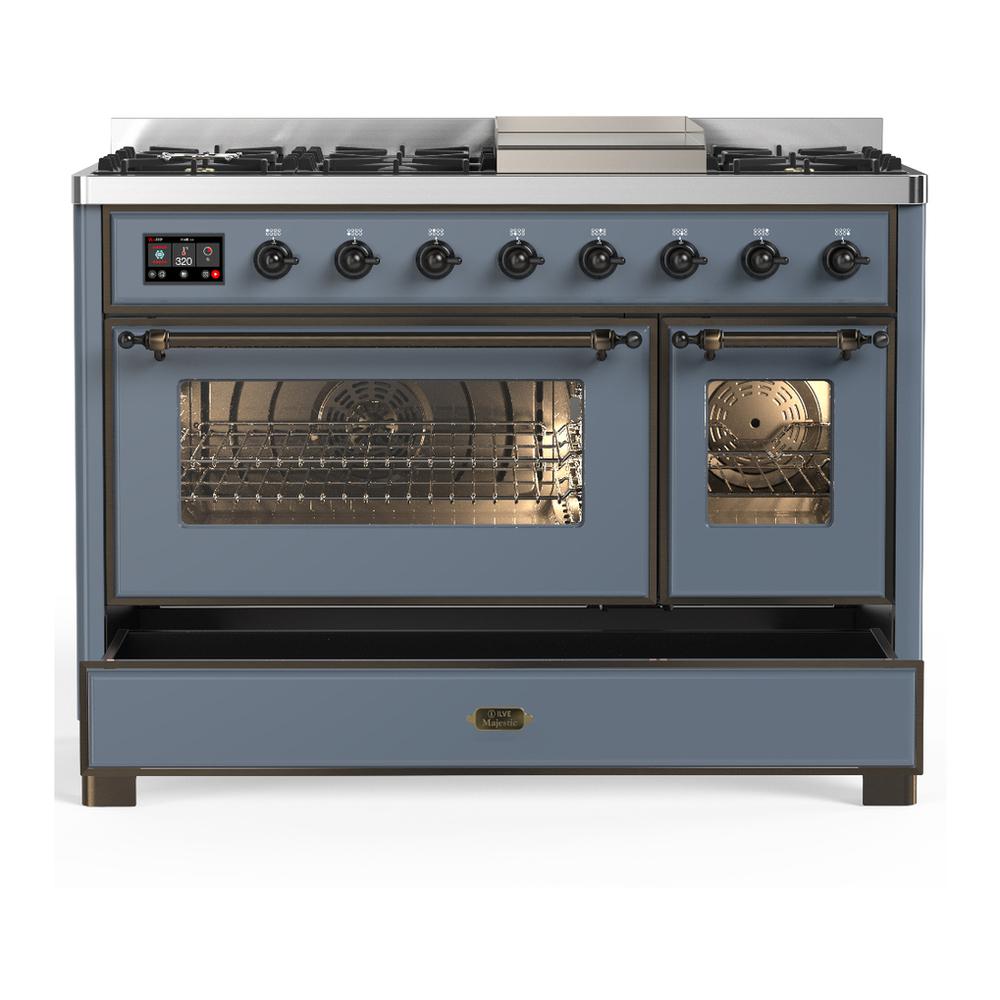 ILVE UM48FNR3BGBLP Majestic III 48 inch Dual Fuel Range with 8 Burners and Griddle, Dual Function Burner up to 25,000 BTU (Liquid Propane, Triple Glass Door, Blue Grey, Burnished)