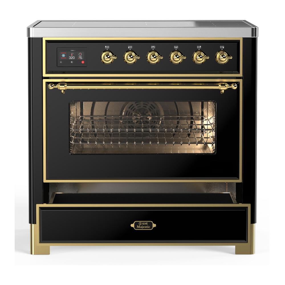 ILVE UMIB36NR3BKG Majestic III 36 inch Induction Range with 6 Elements, 3.5 cu. ft. Total Oven Capacity (Triple Glass Door, Glossy Black, Brass)