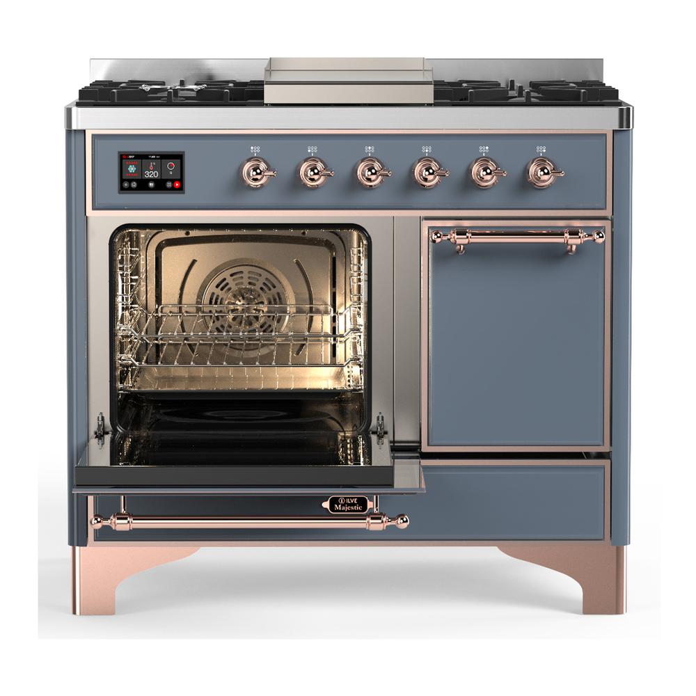 ILVE UMD40FQNR3BGP Majestic III 40 inch Dual Fuel Range with 6 Burners and Griddle, Dual Function Burner up to 25,000 BTU (Natural Gas, Solid Door, Blue Grey, Copper)