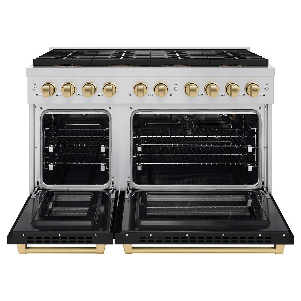 ZLINE Autograph Edition 48 in. 6.7 cu. ft. Paramount Gas Range with 8 Burner DuoPro? Cooktop and Dual Ovens with Black Matte Doors and Champagne Bronze Accents (PSGRZ-BLM-48-CB)
