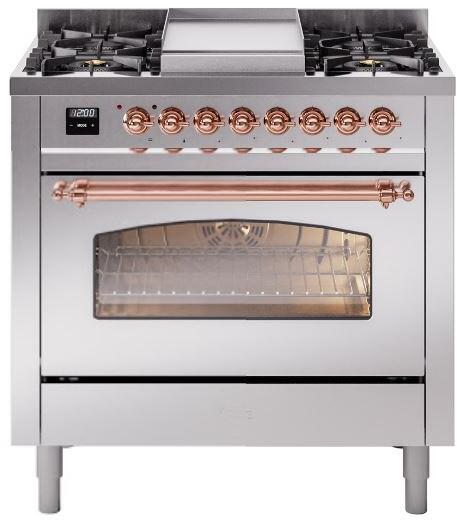 Nostalgie II 36 Inch Dual Fuel Liquid Propane Freestanding Range in Stainless Steel with Copper Trim
