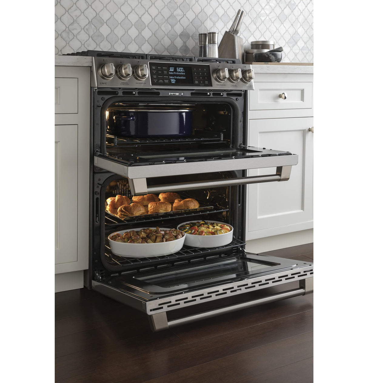 GE Cafe™ Series 30" Slide-In Front Control Gas Double Oven with Convection Range