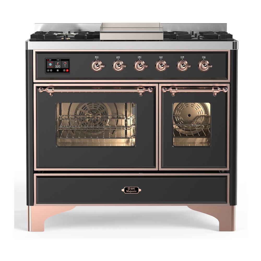 ILVE UMD40FNR3MGPLP Majestic III 40 inch Dual Fuel Range with 6 Burners and Griddle, Dual Function Burner up to 25,000 BTU (Liquid Propane, Triple Glass Door, Graphite Matte, Copper)