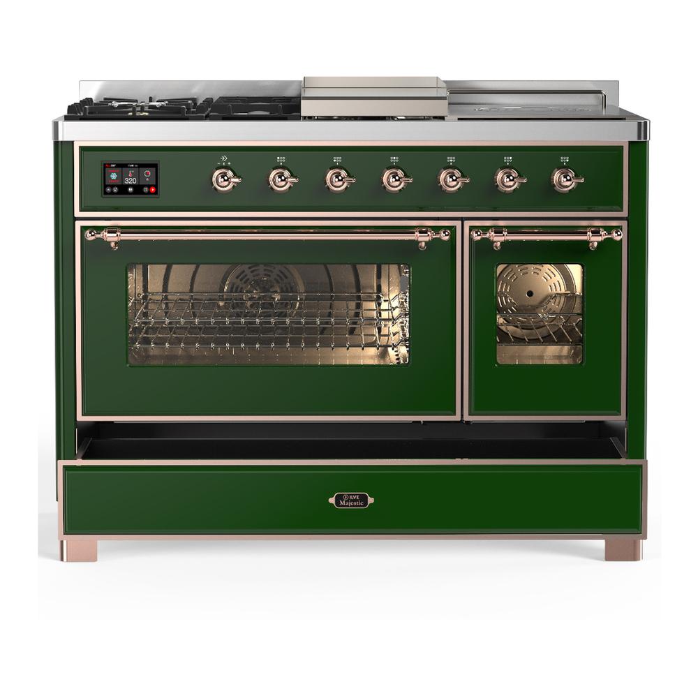 ILVE UM48FSNR3EGP Majestic III 48 inch Dual Fuel Range with 5 Black Brass Burners, Griddle and French Top, Dual Function Burner up to 25,000 BTU (Natural Gas, Triple Glass Door, Emerald Green, Copper)