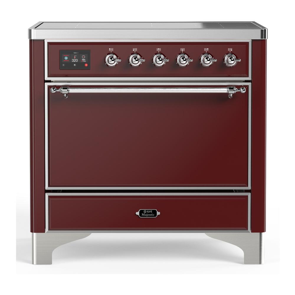 ILVE UMIB36QNR3BUC Majestic III 36 inch Induction Range with 6 Elements, 3.5 cu. ft. Total Oven Capacity (Solid Door, Burgundy, Chrome)