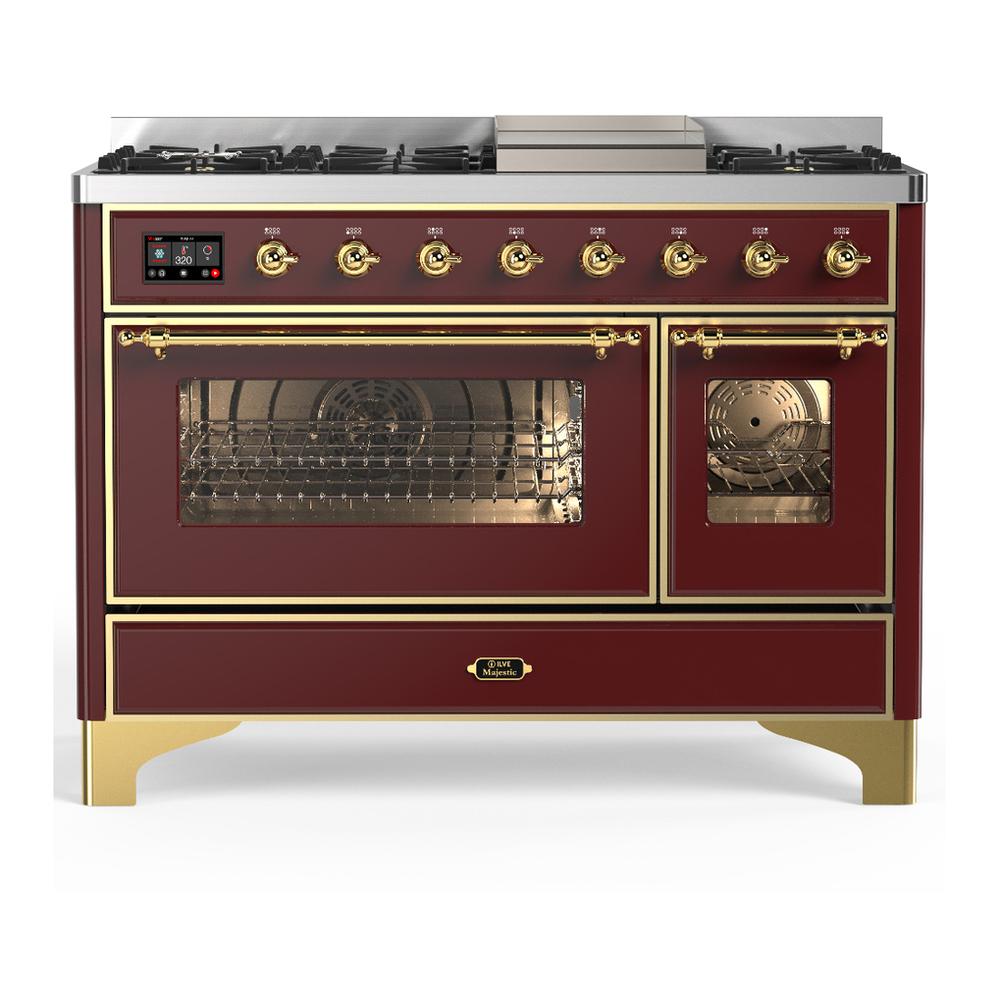 ILVE UM48FNR3BUG Majestic III 48 inch Dual Fuel Range with 8 Burners and Griddle, Dual Function Burner up to 25,000 BTU (Natural Gas, Triple Glass Door, Burgundy, Brass)