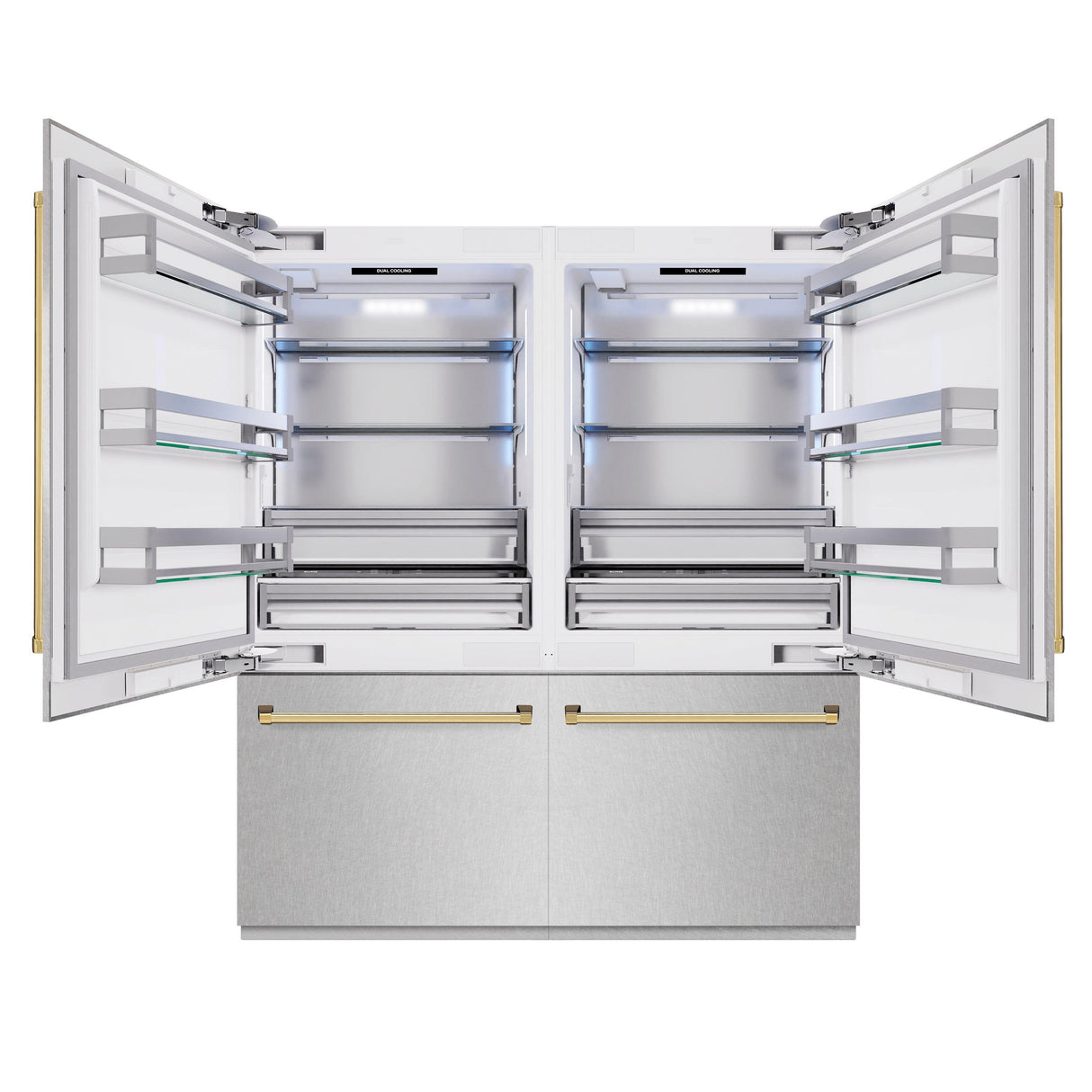 ZLINE Autograph Edition 72 in. 39.6 cu. ft. French Door Built-In Bottom Freezer Refrigerator with Water Dispensers and Ice Makers in DuraSnow' Stainless Steel and Polished Gold Accents (RBITZ-SN-72-G)