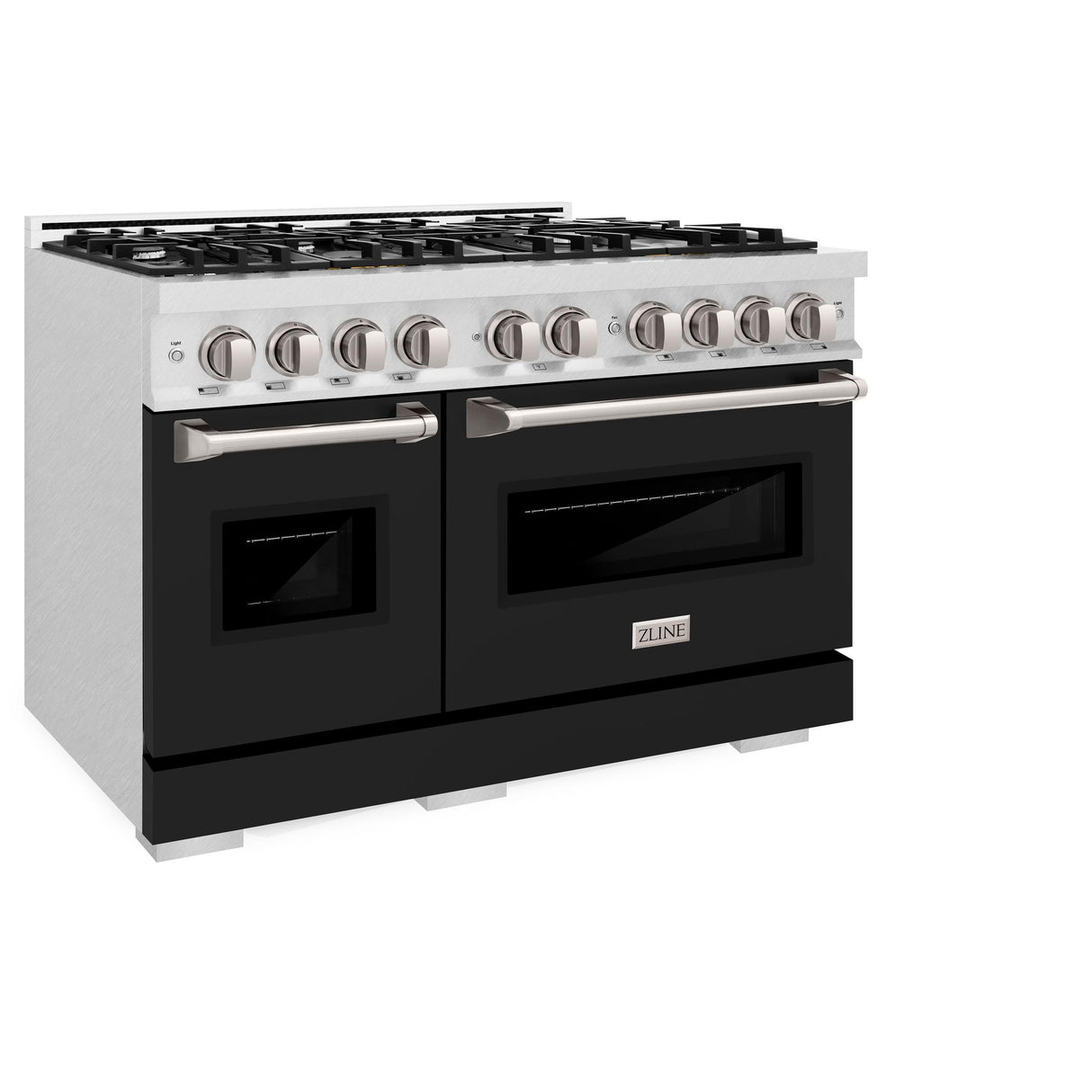 ZLINE 48 in. 6.7 cu. ft. Classic Double Oven Dual Fuel Range with 8 Burner Gas Cooktop in DuraSnow' Stainless Steel with Black Matte Doors (CDRS-BLM-48)