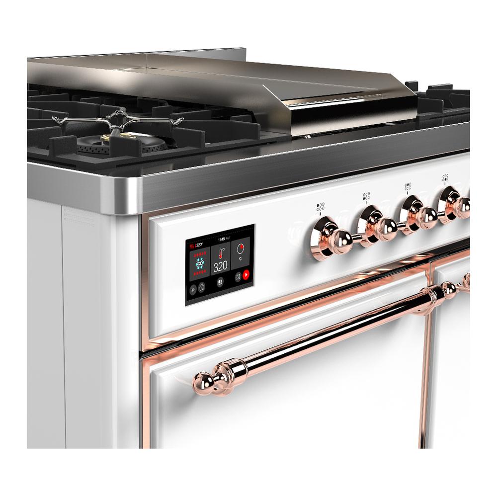 ILVE UMD40FQNR3WHPLP Majestic III 40 inch Dual Fuel Range with 6 Burners and Griddle, Dual Function Burner up to 25,000 BTU (Liquid Propane, Solid Door, White, Copper)