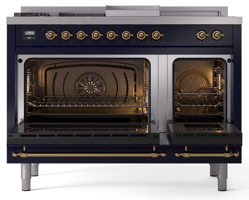 Nostalgie II 48 Inch Dual Fuel Liquid Propane Freestanding Range in Blue with Brass Trim