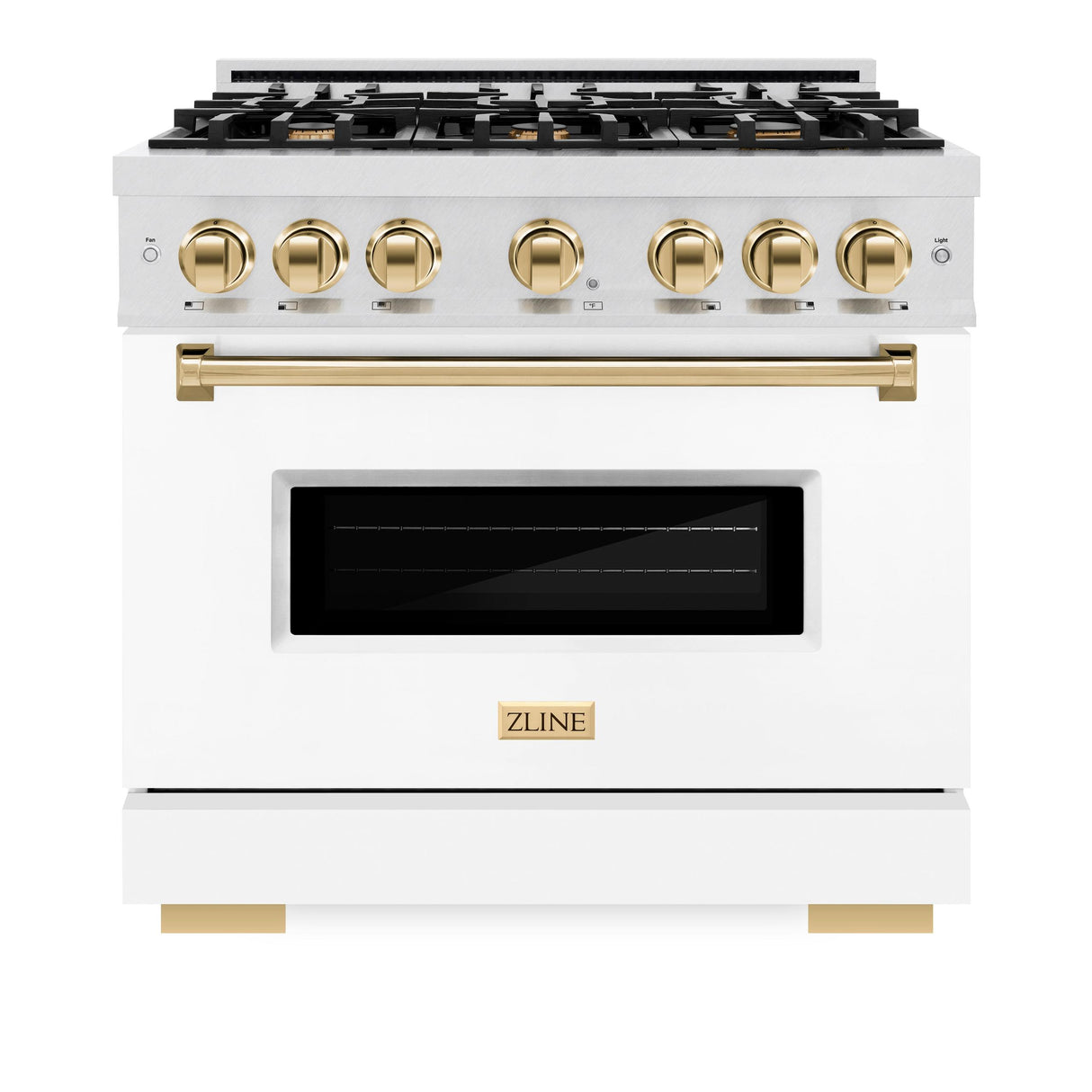 ZLINE Autograph Edition 36 in. 5.2 cu. ft. Classic Dual Fuel Range with 6 Burner Gas Cooktop and Electric Convection Oven in DuraSnow' Stainless Steel with White Matte Door and Polished Gold Accents (CDRSZ-WM-36-G)
