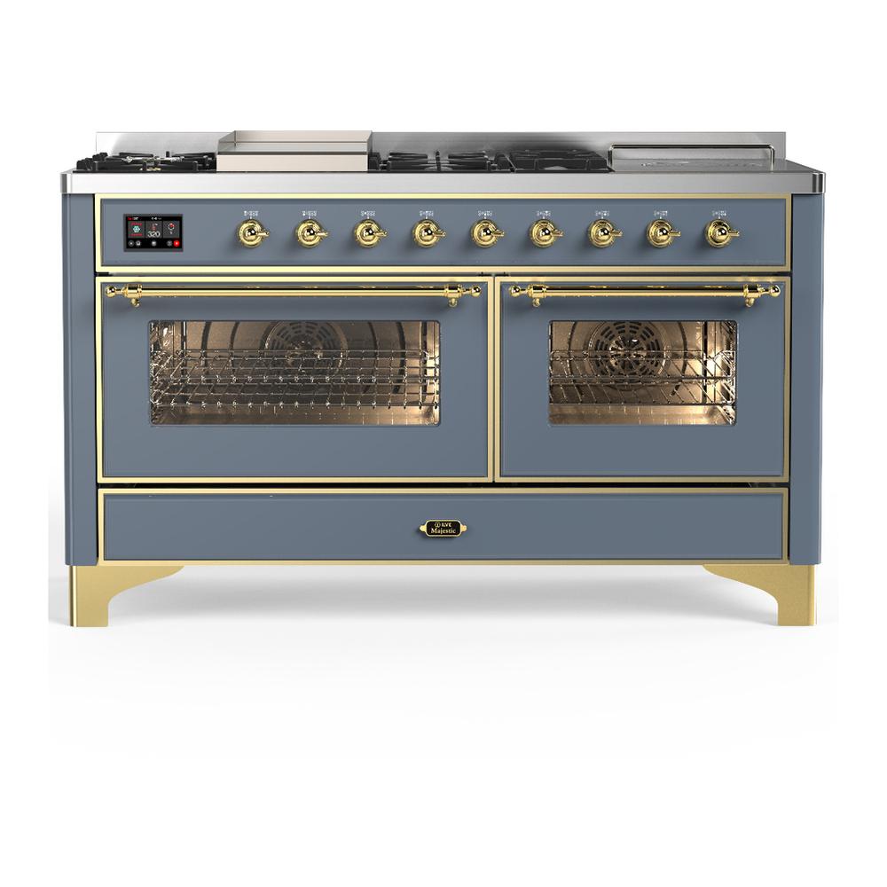 ILVE UM60FSNR3BGGLP Majestic III 60 inch Dual Fuel Range with 7 Burners, Griddle and French Top, Dual Function Burner with up to 25,000 BTU (Liquid Propane, Triple Glass Door, Blue Grey, Brass)