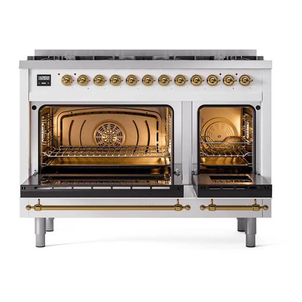 ILVE UP488NMPWHG Nostalgie II 48 inch Dual Fuel Range with 8 Total Black Brass Sealed Burners, Brass Trim (Limited Edition) (Natural Gas, White)