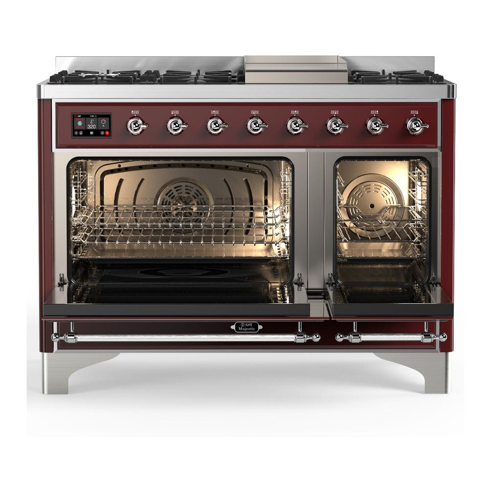 ILVE UM48FNR3BUCLP Majestic III 48 inch Dual Fuel Range with 8 Burners and Griddle, Dual Function Burner up to 25,000 BTU (Liquid Propane, Triple Glass Door, Burgundy, Chrome)