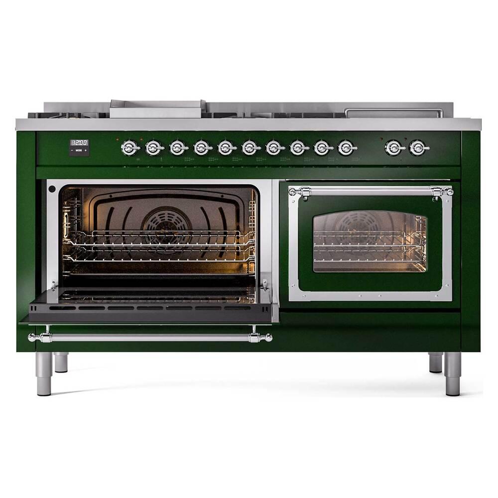ILVE UN60FSNMPEGCLP Nostalgie II Noblesse 60 inch Dual Fuel Range (7 Sealed Burners + Griddle + French Top, Liquid Propane, Triple Glass Door, Emerald Green, Chrome)