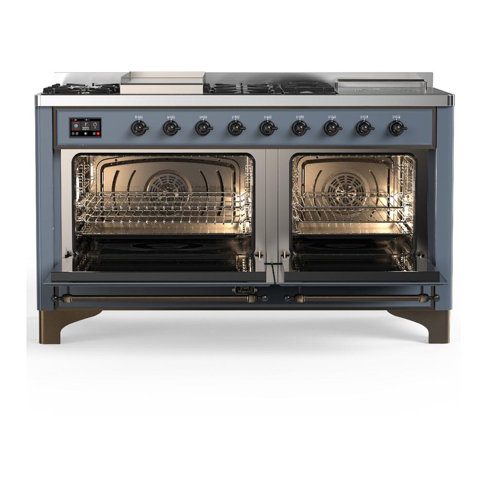 ILVE UM60FSQNR3BGBLP Majestic III 60 inch Dual Fuel Range with 7 Burners, Griddle and French Top, Dual Function Burner with up to 25,000 BTU (Liquid Propane, Solid Door, Blue Grey, Burnished)