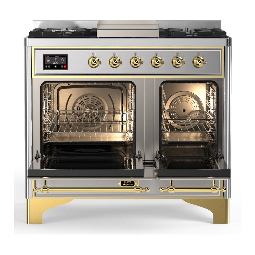 ILVE UMD40FNR3SSGLP Majestic III 40 inch Dual Fuel Range with 6 Burners and Griddle, Dual Function Burner up to 25,000 BTU (Liquid Propane, Triple Glass Door, Stainless Steel, Brass)