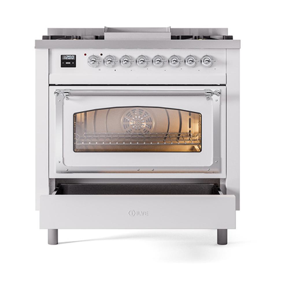 ILVE UN36FNMPWHCLP Nostalgie II Noblesse 36 inch Dual Fuel Range (Liquid Propane, Triple Glass Door, White, Chrome)