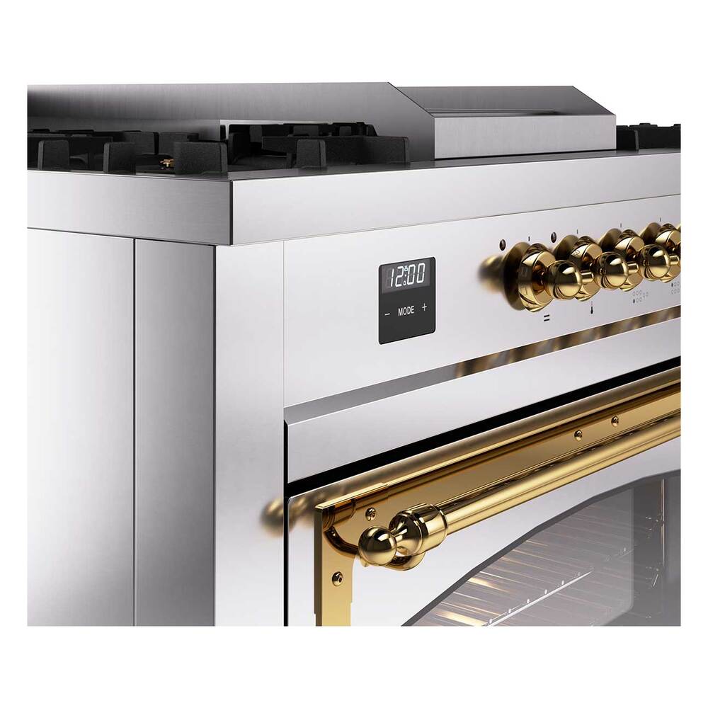 ILVE UN60FSNMPSSGLP Nostalgie II Noblesse 60 inch Dual Fuel Range (7 Sealed Burners + Griddle + French Top, Liquid Propane, Triple Glass Door, Stainless Steel, Brass)