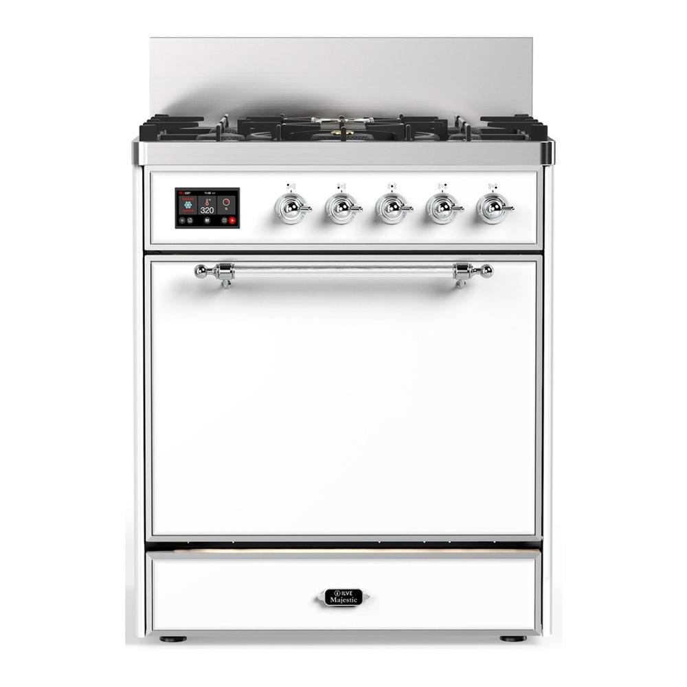 ILVE UM30QNR3WHCLP Majestic III 30 inch Dual Fuel Range with 5 Black Brass Burners, Dual Function Burner up to 25,000 BTU (Liquid Propane, Solid Door, White, Chrome)