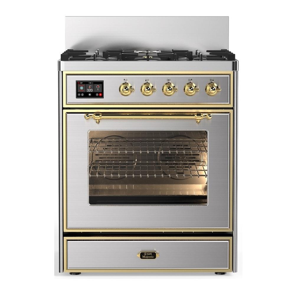 ILVE UM30NR3SSGLP Majestic III 30 inch Dual Fuel Range with 5 Black Brass Burners, Dual Function Burner up to 25,000 BTU (Liquid Propane, Triple Glass Door, Stainless Steel, Brass)