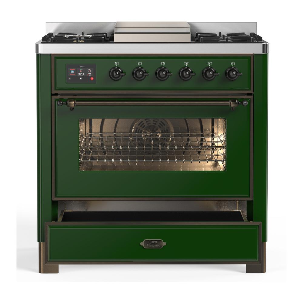 ILVE UM36FNR3EGBLP Majestic III 36 inch Dual Fuel Range with 6 Black Brass Burners and Griddle, Dual Function Burner up to 25,000 BTU (Triple Glass Door, Emerald Green, Burnished, Liquid Propane)
