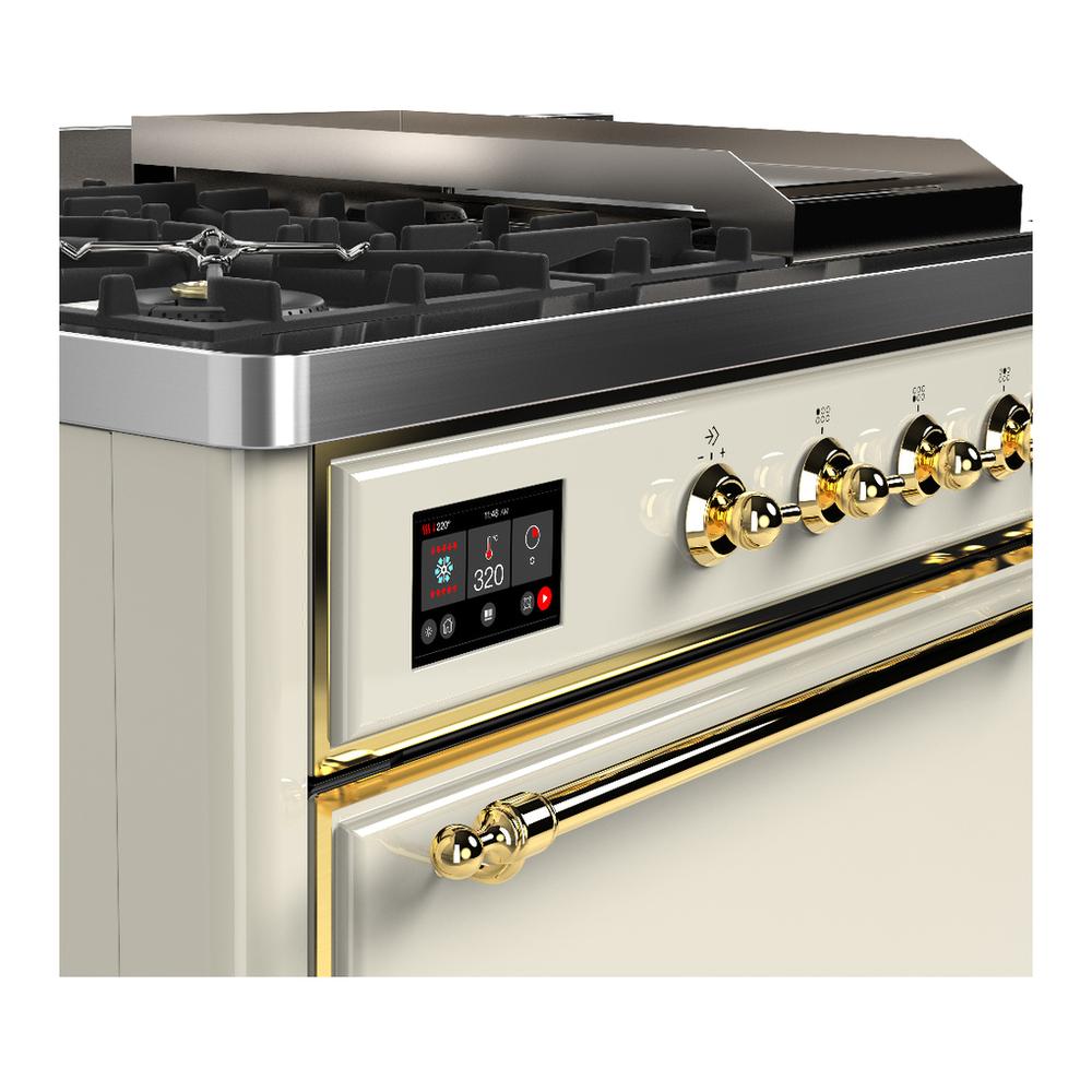 ILVE UM48FSQNR3AWG Majestic III 48 inch Dual Fuel Range with 5 Black Brass Burners, Griddle and French Top, Dual Function Burner up to 25,000 BTU (Natural Gas, Solid Door, Antique White, Brass)