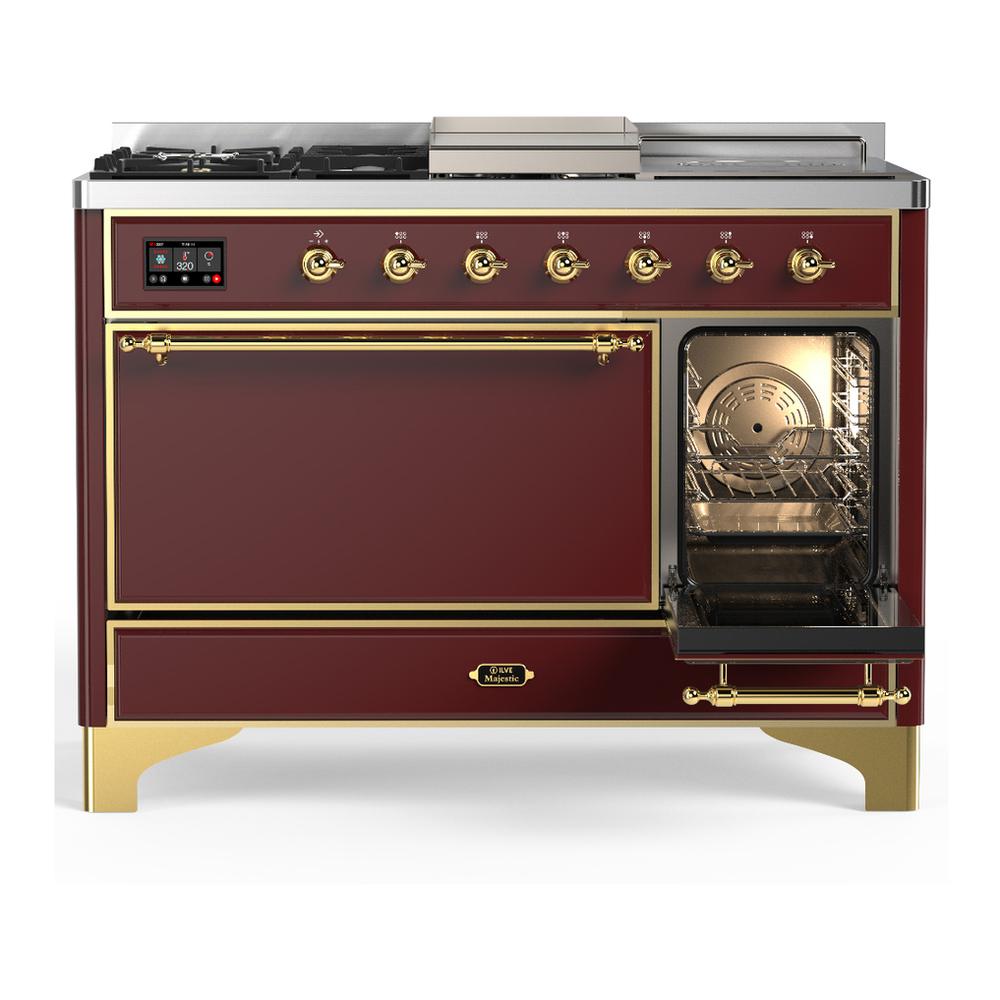 ILVE UM48FSQNR3BUGLP Majestic III 48 inch Dual Fuel Range with 5 Black Brass Burners, Griddle and French Top, Dual Function Burner up to 25,000 BTU (Liquid Propane, Solid Door, Burgundy, Brass)