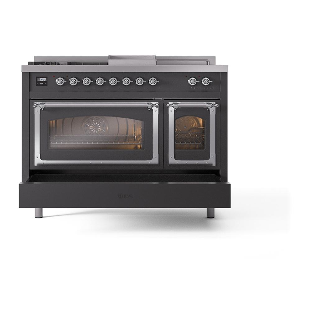 ILVE UN48FSNMPMGC Nostalgie II Noblesse 48 inch Dual Fuel Range (5 Sealed Burners + Griddle + French Top, Natural Gas, Triple Glass Door, Graphite Matte, Chrome)