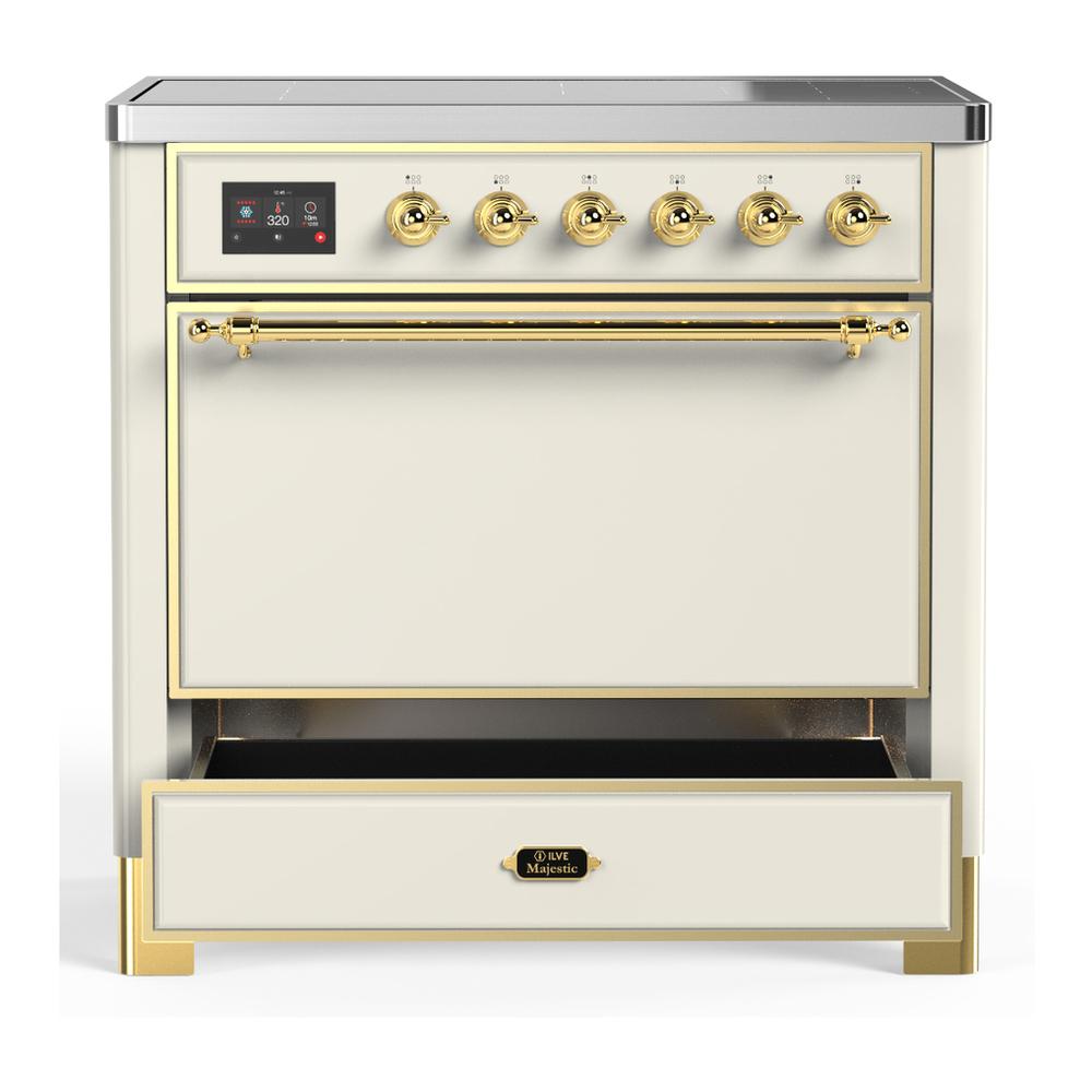 ILVE UMIB36QNR3AWG Majestic III 36 inch Induction Range with 6 Elements, 3.5 cu. ft. Total Oven Capacity (Solid Door, Antique White, Brass)