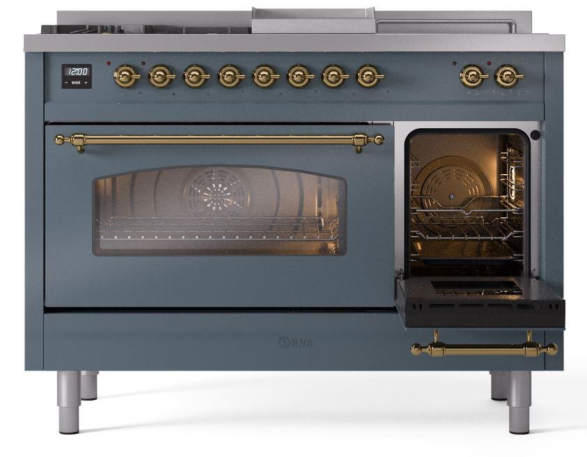 Nostalgie II 48 Inch Dual Fuel Natural Gas Freestanding Range in Blue Grey with Brass Trim