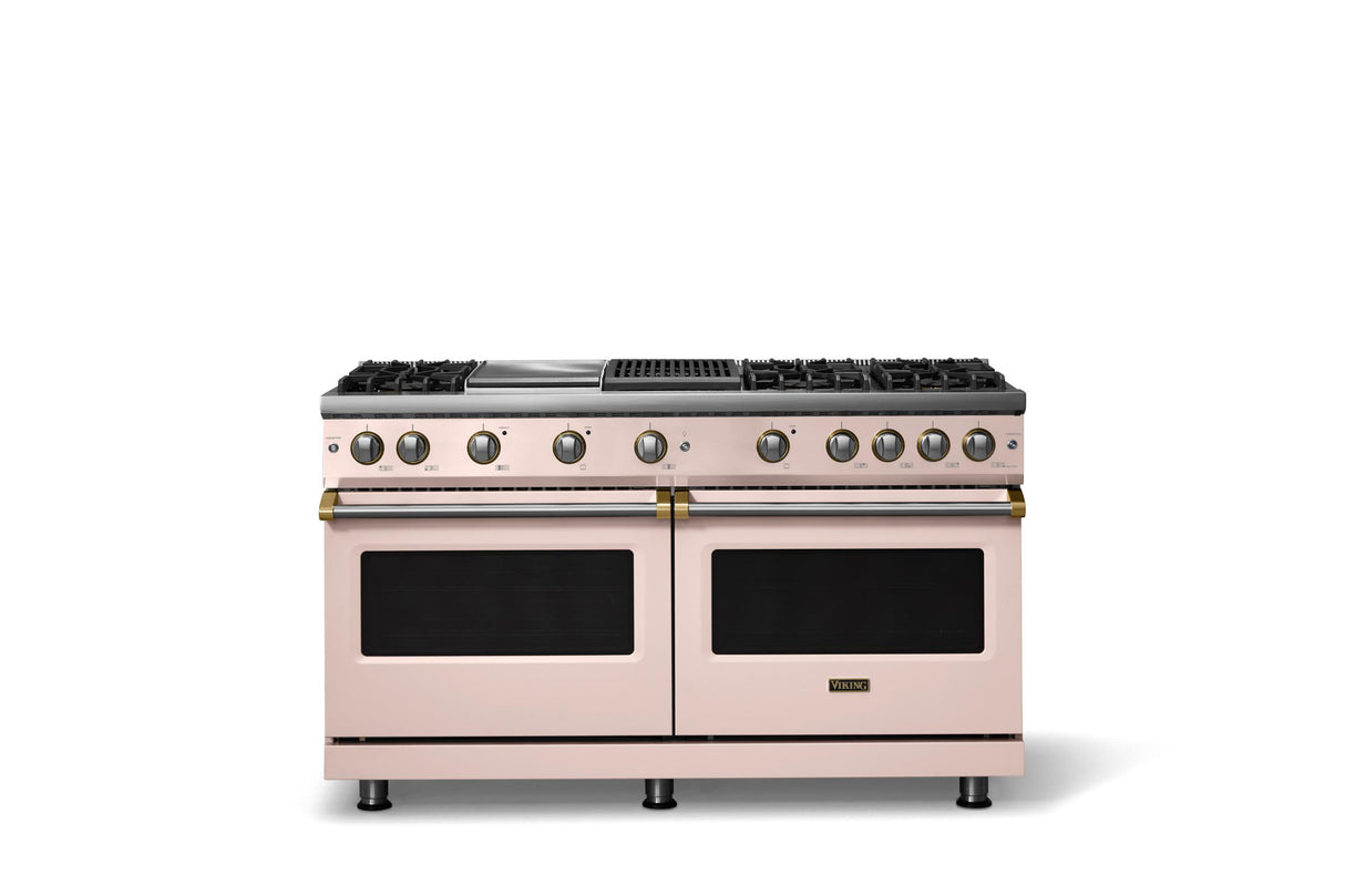60"W. Sealed Burner Gas Range (Finish: Blush, Trim: Brushed Brass, Fuel: Propane)